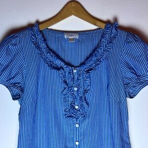 Ann Taylor LOFT Blue & White Pinstriped Button Up Blouse - Ruffled Neckline